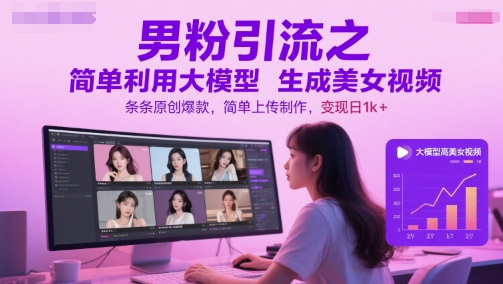 男粉引流之简单利用大模型生成美女视频,条条原创爆款,简单上传制作,变现日1k+插图 男粉引流之简单利用大模型生成美女视频,条条原创爆款,简单上传制作,变现日1k+