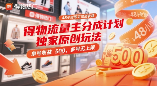 得物流量主分成计划独家原创玩法,48小时即可见到收益,单号收益5张,多号无上限【揭秘】插图 得物流量主分成计划独家原创玩法,48小时即可见到收益,单号收益5张,多号无上限【揭秘】