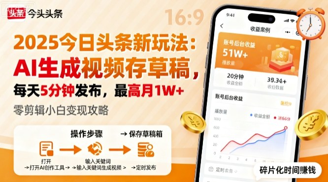 2025年今日头条躺賺新玩法,AI生成视频存草稿,每天5分钟发布,最高月1W+【揭秘】插图 2025年今日头条躺賺新玩法,AI生成视频存草稿,每天5分钟发布,最高月1W+【揭秘】
