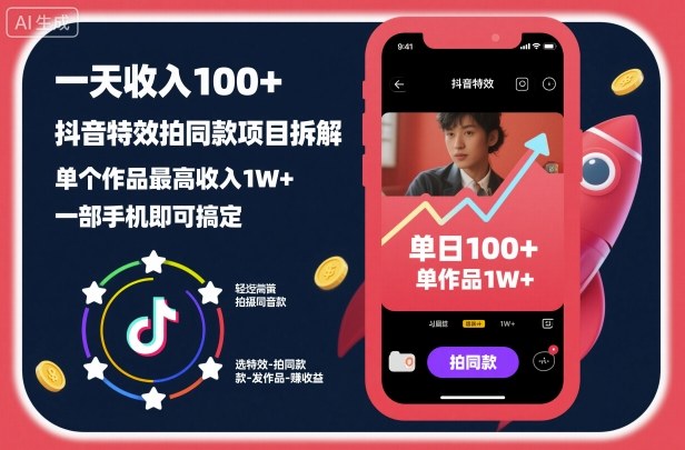 一天收入100+,抖音特效拍同款项目拆解,单个作品最高收入1W+,一部手机即可搞定插图 一天收入100+,抖音特效拍同款项目拆解,单个作品最高收入1W+,一部手机即可搞定