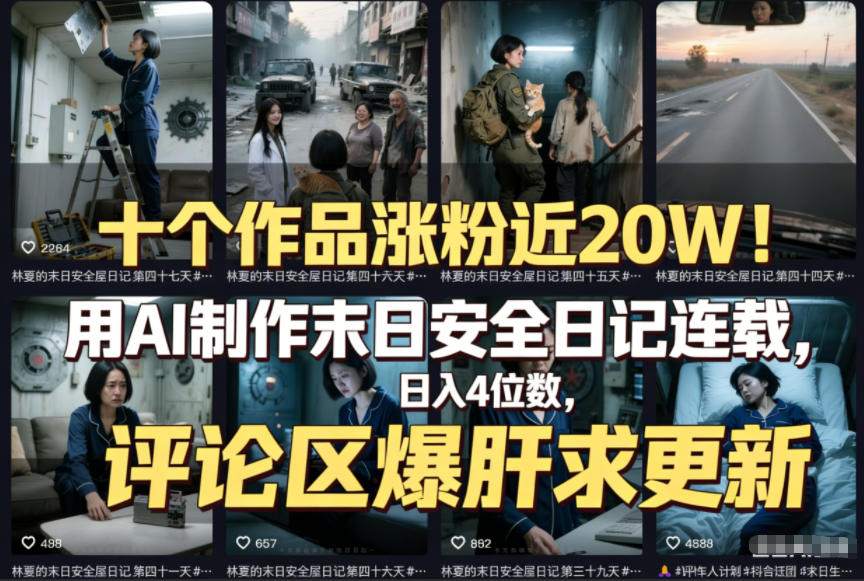 十个作品涨粉近20W!用AI制作末日安全日记连载,日入4位数,评论区爆肝求更新(附详细步骤)插图 十个作品涨粉近20W!用AI制作末日安全日记连载,日入4位数,评论区爆肝求更新(附详细步骤)