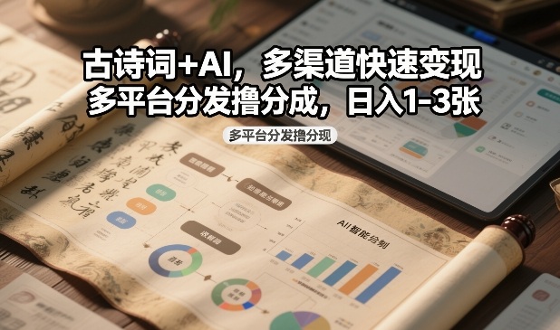 古诗词+AI,多渠道快速变现,多平台分发撸分成,日入1-3张插图 古诗词+AI,多渠道快速变现,多平台分发撸分成,日入1-3张