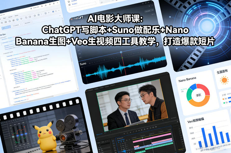 AI电影大师课:ChatGPT写脚本+Suno做配乐+Nano Banana生图+Veo生视频,打造爆款短片插图 AI电影大师课:ChatGPT写脚本+Suno做配乐+Nano Banana生图+Veo生视频,打造爆款短片