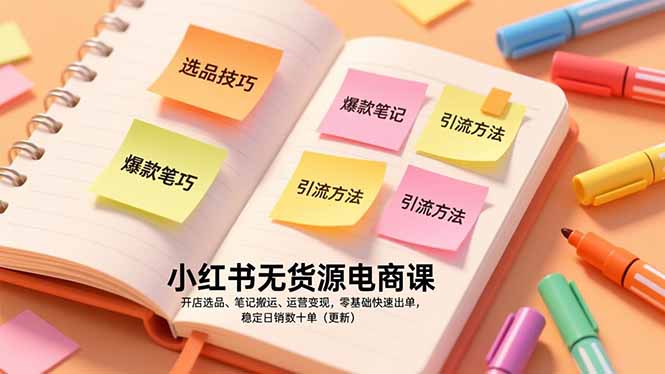 小红书无货源电商课，开店选品、笔记搬运、运营变现，零基础快速出单，稳定日销数十单