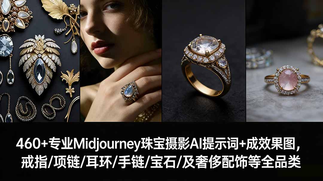 460+专业Midjourney珠宝摄影AI提示词+成效果图,戒指/项链/耳环/手链/宝石/及奢侈配饰等全品类插图 460+专业Midjourney珠宝摄影AI提示词+成效果图,戒指/项链/耳环/手链/宝石/及奢侈配饰等全品类插图