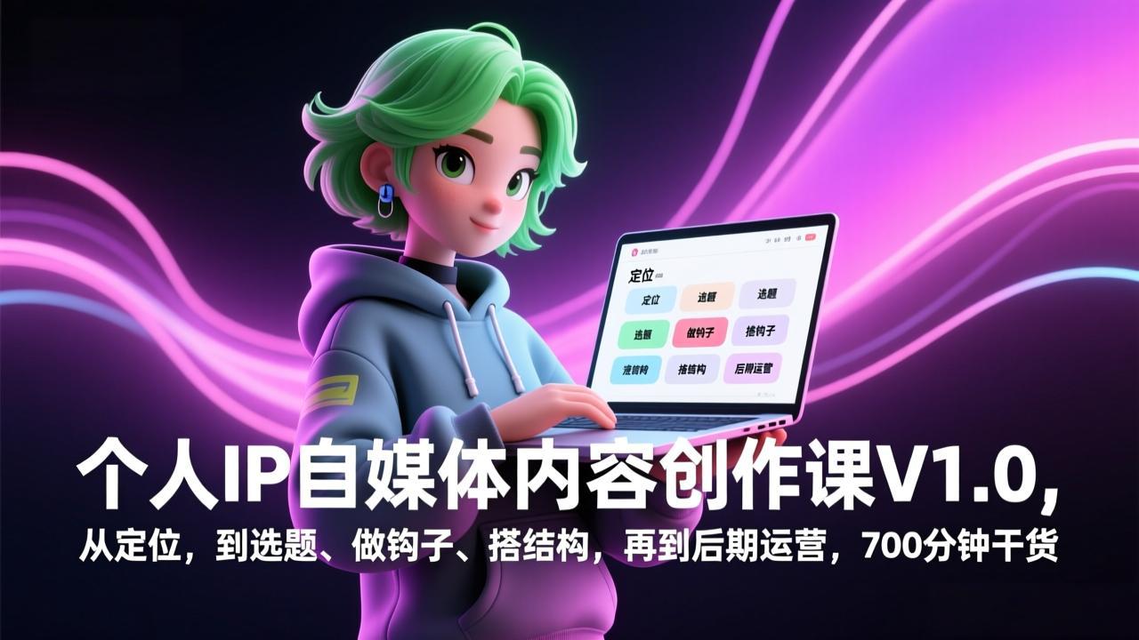个人IP自媒体内容创作课V1.0，从定位，到选题、做钩子、搭结构，再到后期运营，700分钟干货插图