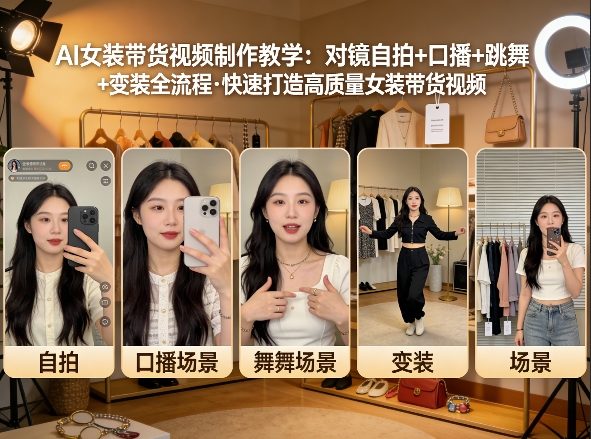 AI女装带货视频制作教学,对镜自拍、口播、跳舞、变装全流程,快速打造高质量女装带货视频插图 AI女装带货视频制作教学,对镜自拍、口播、跳舞、变装全流程,快速打造高质量女装带货视频