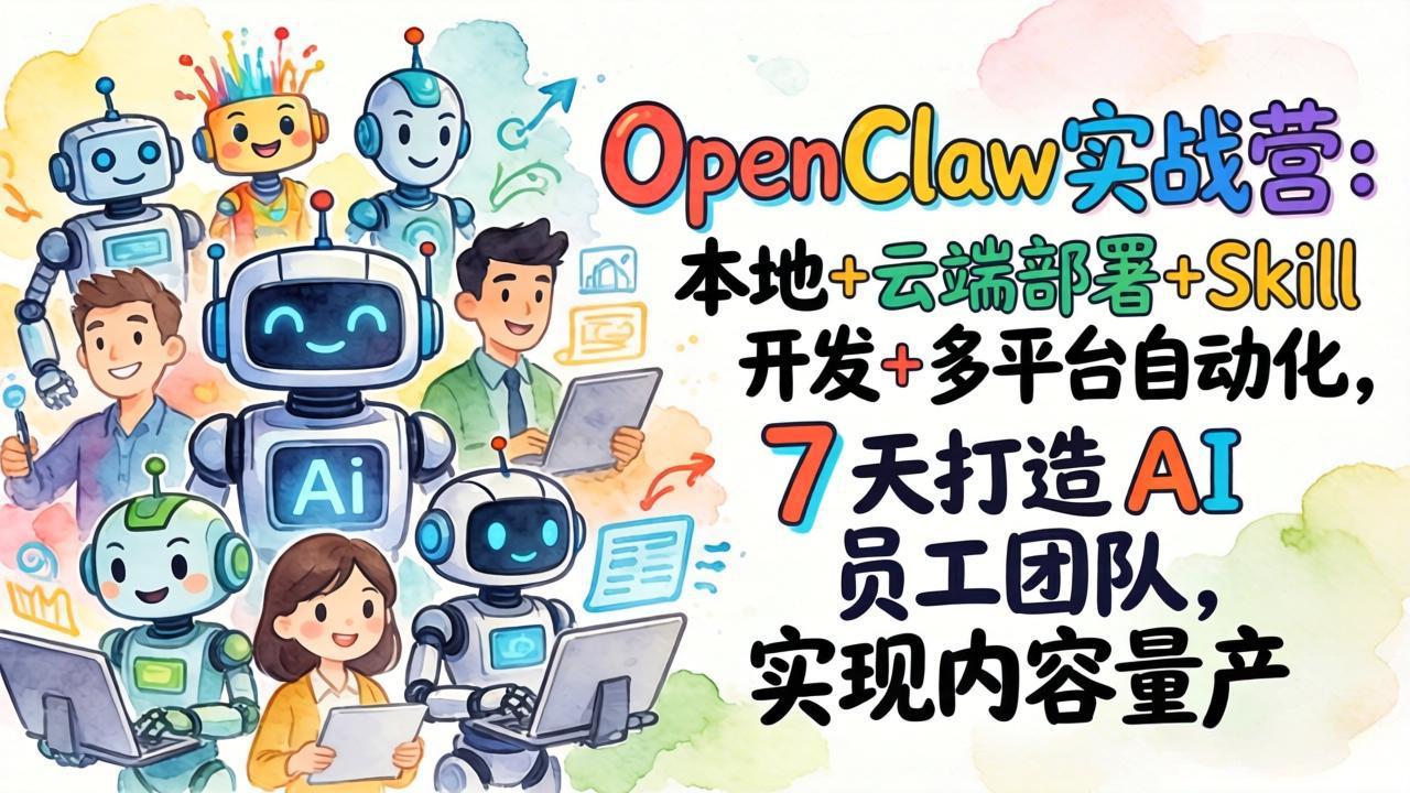 OpenClaw实战营:本地+云端部署+Skill开发+多平台自动化,7 天打造 AI 员工团队,实现内容量产插图 OpenClaw实战营:本地+云端部署+Skill开发+多平台自动化,7 天打造 AI 员工团队,实现内容量产插图