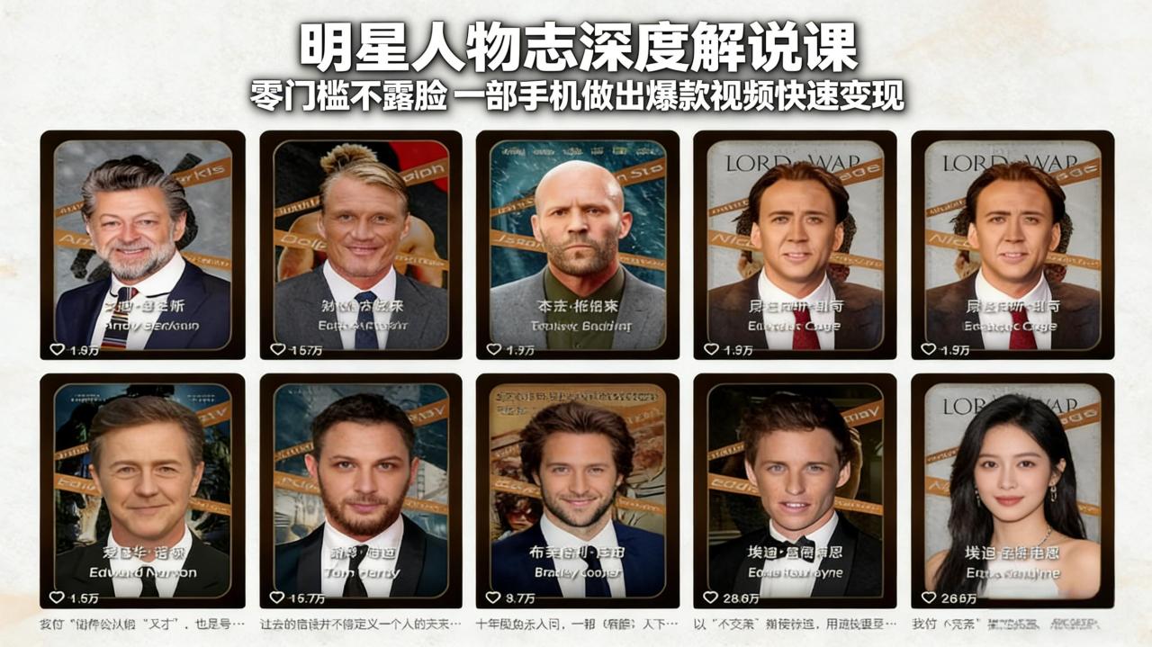 明星人物志深度解说课:零门槛不露脸,一部手机做出爆款视频快速变现插图 明星人物志深度解说课:零门槛不露脸,一部手机做出爆款视频快速变现插图