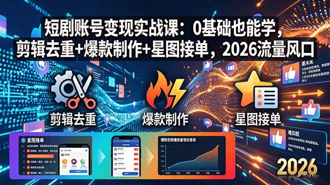 短剧账号变现实战课：0基础也能学，剪辑去重+爆款制作+星图接单，2026流量风口插图