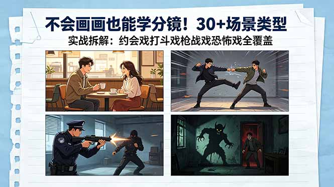 不会画画也能学分镜!30+场景类型实战拆解:约会戏打斗戏枪战戏恐怖戏全覆盖插图 不会画画也能学分镜!30+场景类型实战拆解:约会戏打斗戏枪战戏恐怖戏全覆盖插图