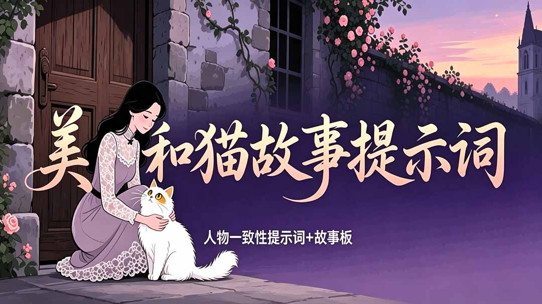 美女和猫故事提示词，人物一致性提示词+故事板插图