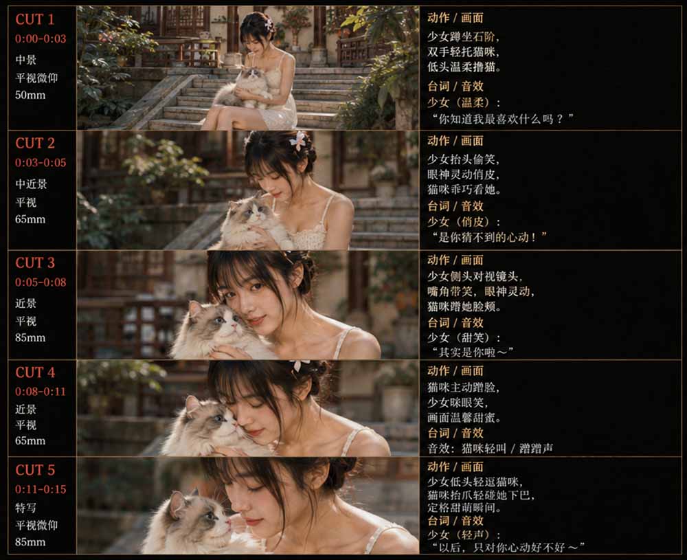 美女和猫故事提示词，人物一致性提示词+故事板插图1