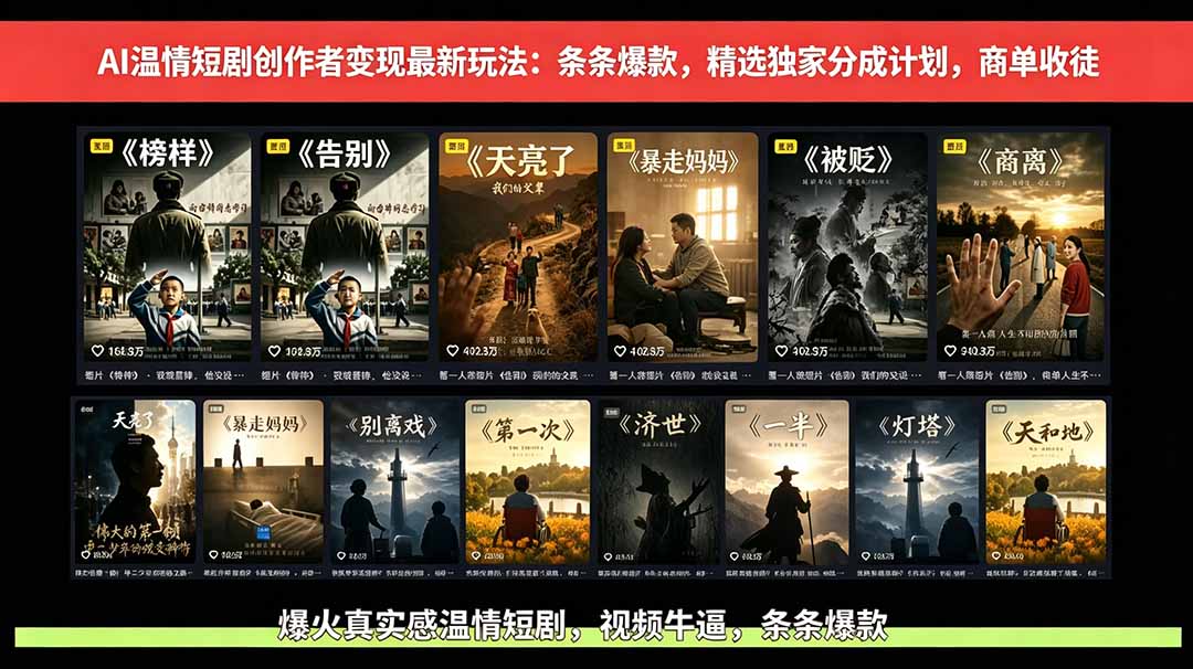 AI温情短剧创作者变现最新玩法:视频牛逼,条条爆款,精选独家分成计划,商单收徒插图 AI温情短剧创作者变现最新玩法:视频牛逼,条条爆款,精选独家分成计划,商单收徒插图