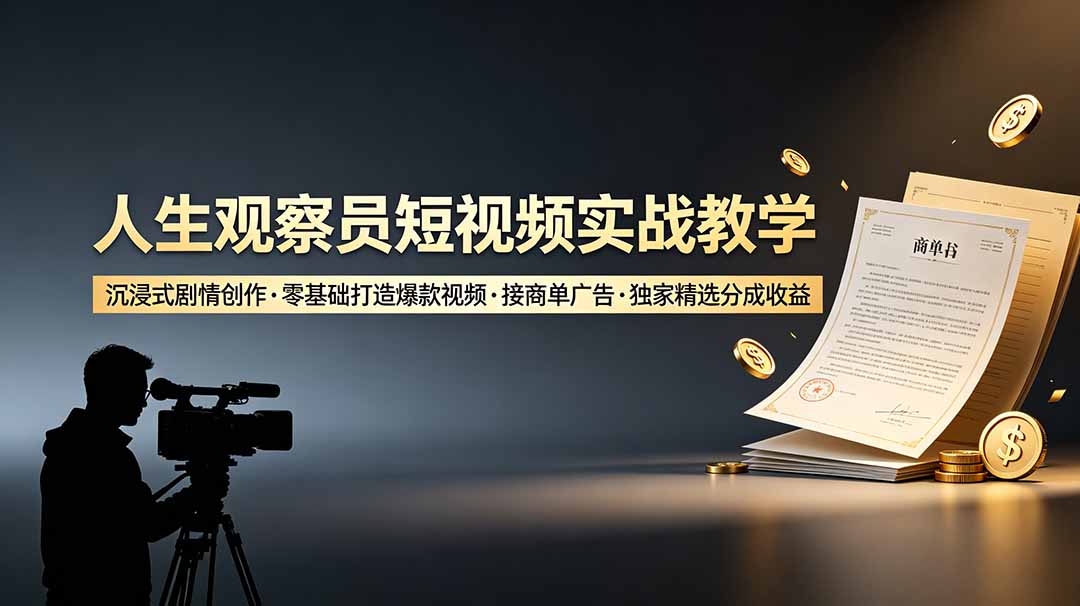 人生观察员短视频实战教学，沉浸式剧情创作，零基础打造爆款视频，接商单广告，独家精选分成收益插图