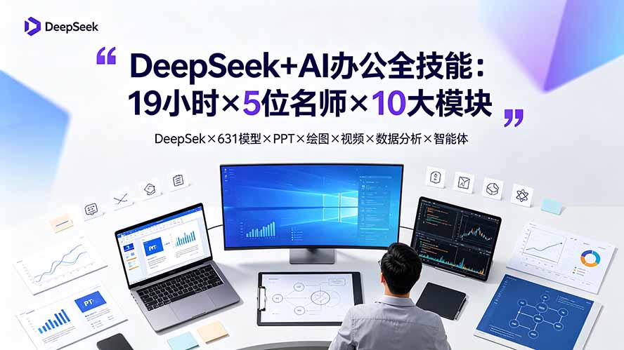 DeepSeek+AI办公全技能：19小时×5位名师×10大模块，DeepSeek×631模型×PPT×绘图×视频×数据分析×智能体插图