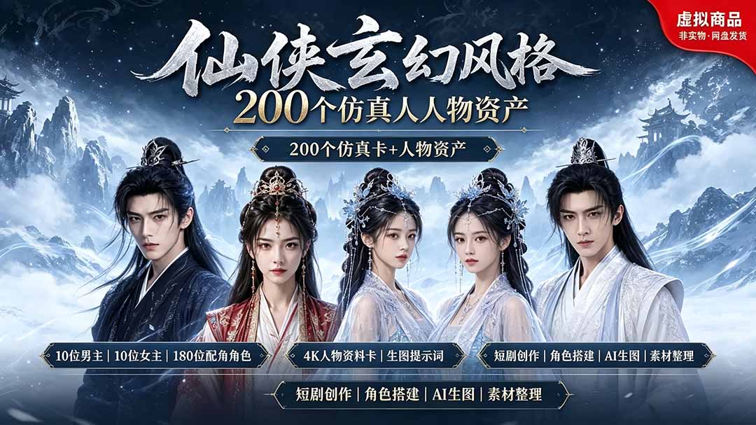 200个仙侠玄幻仿真人素材◆10男主×10女主×180配角，4K资料卡+AI生图提示词，漫剧必备插图