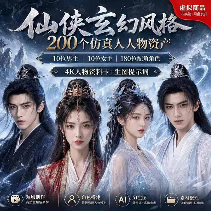 200个仙侠玄幻仿真人素材◆10男主×10女主×180配角，4K资料卡+AI生图提示词，漫剧必备插图1