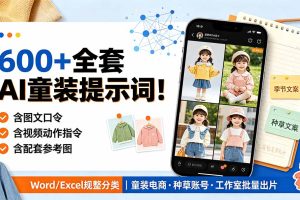 600+全套AI童装提示词！含图文口令+视频动作指令+配套参考图，Word/Excel规整分类，童装电商、种草无脑量产内容