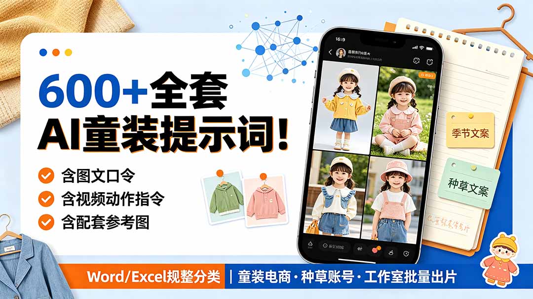 600+全套AI童装提示词！含图文口令+视频动作指令+配套参考图，Word/Excel规整分类，童装电商、种草无脑量产内容插图