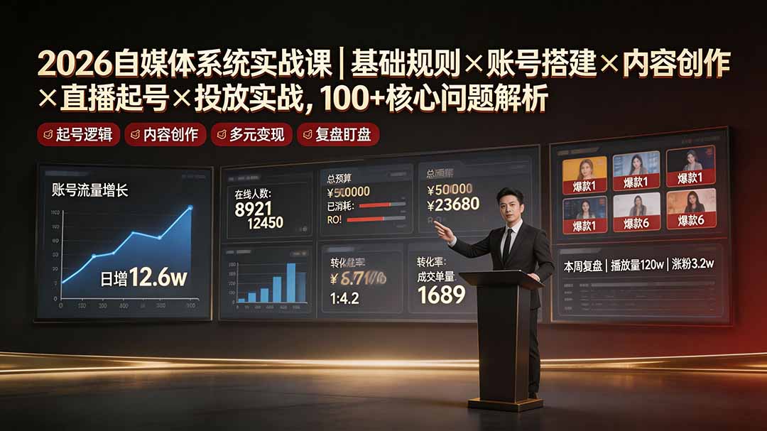 2026自媒体系统实战课｜基础规则×账号搭建×内容创作×直播起号×投放实战，100+核心问题解析插图