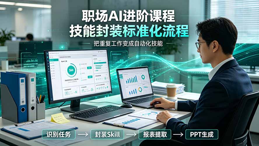 职场AI进阶课程；多类实用Skill工具实操，专属技能封装标准化流程，报表行业报告一键提取核心内容插图