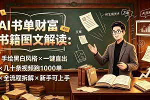 AI书单财富书籍图文解读：手绘黑白风格×一键直出×几十条视频跑1000单×全流程拆解×新手可上手