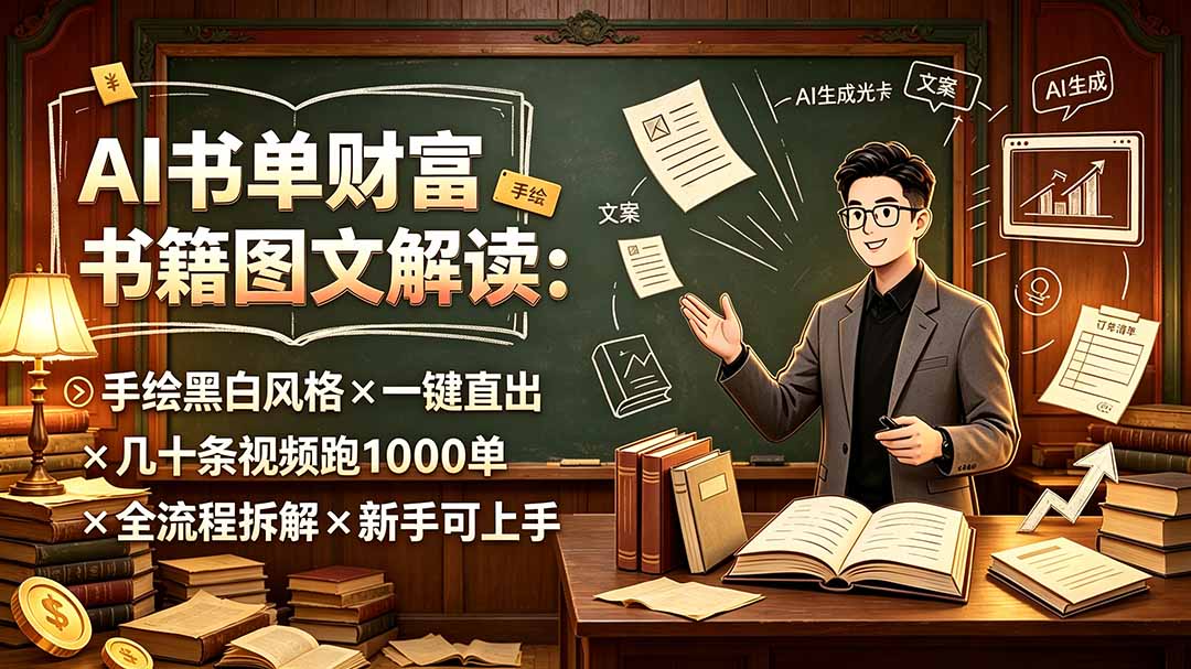 AI书单财富书籍图文解读：手绘黑白风格×一键直出×几十条视频跑1000单×全流程拆解×新手可上手插图