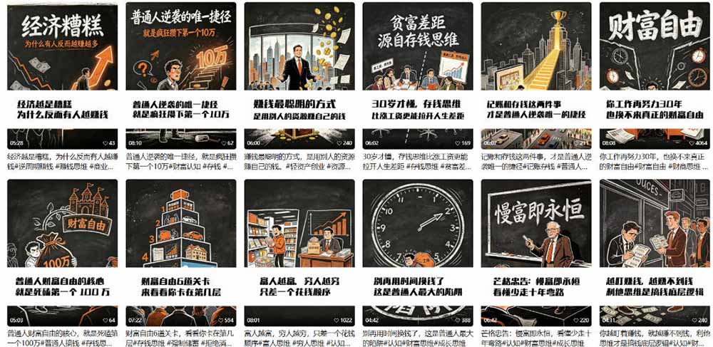 AI书单财富书籍图文解读：手绘黑白风格×一键直出×几十条视频跑1000单×全流程拆解×新手可上手插图1