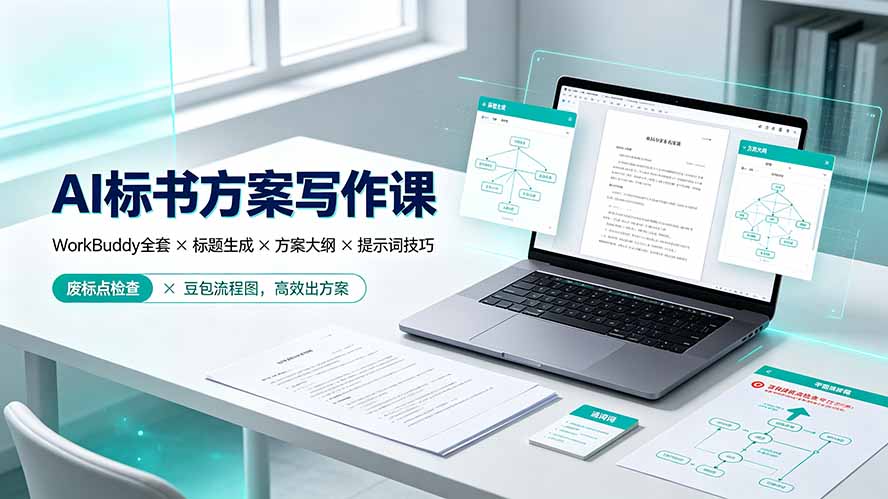 AI标书方案写作课：WorkBuddy全套×标题生成×方案大纲×提示词技巧×废标点检查×豆包流程图，高效出方案插图