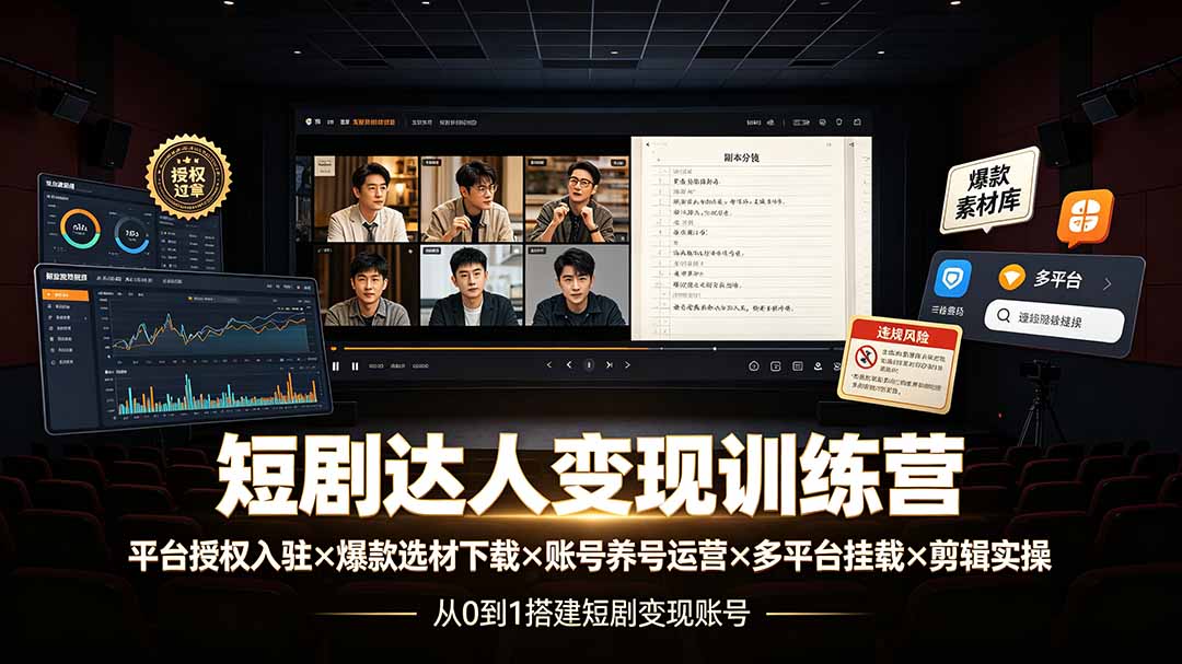 短剧达人变现训练营：平台授权入驻×爆款选材下载×账号养号运营×多平台挂载×剪辑实操×违规处理全流程插图