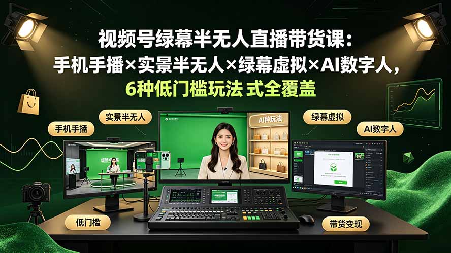 视频号绿幕半无人直播带货课：手机手播×实景半无人×绿幕虚拟×AI数字人，6种低门槛玩法全覆盖插图