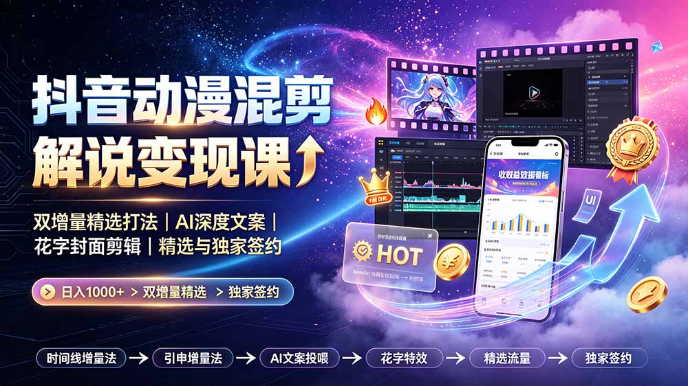 抖音动漫混剪解说变现课：双增量精选打法｜AI深度文案｜花字封面剪辑｜ 精选与独家签约日入1000+插图
