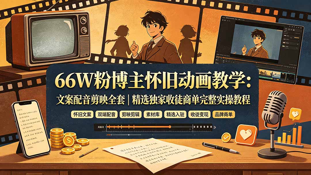 66W粉博主怀旧动画教学：文案配音剪映全套｜精选独家收徒商单完整实操教程插图