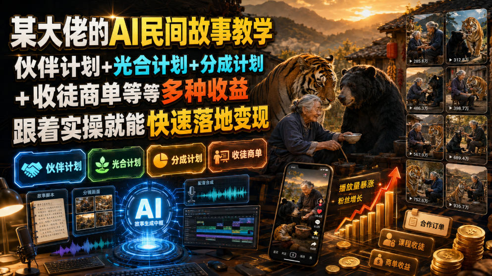 某大佬的AI民间故事教学，伙伴计划+光合计划+分成计划+收徒商单等多种收益，跟着实操就能快速落地变现插图
