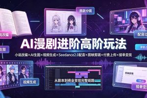 AI漫剧进阶高阶玩法：小说改编×AI生图×视频生成×Seedance2.0配音×剪映剪辑×付费上传×接单变现