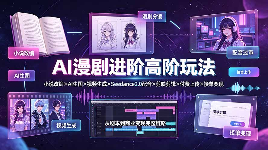 AI漫剧进阶高阶玩法：小说改编×AI生图×视频生成×Seedance2.0配音×剪映剪辑×付费上传×接单变现插图