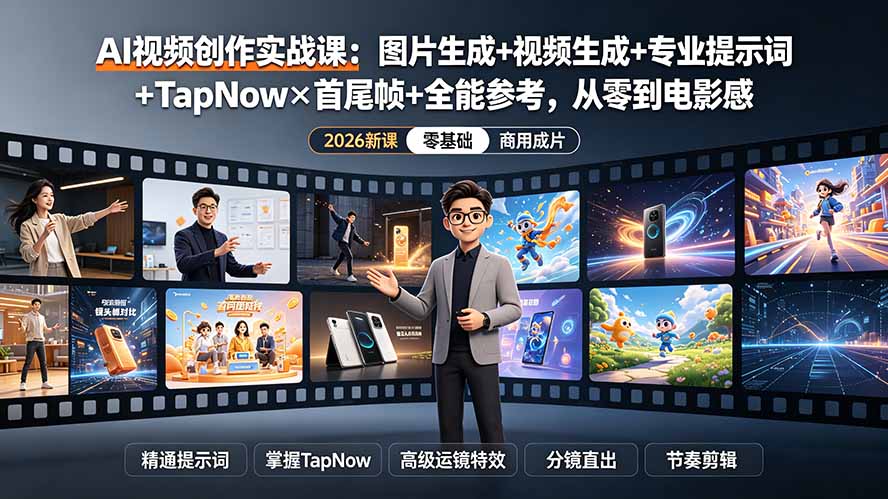 AI视频创作实战课：图片生成+视频生成+专业提示词+TapNow×首尾帧+全能参考，从零到电影感成片插图