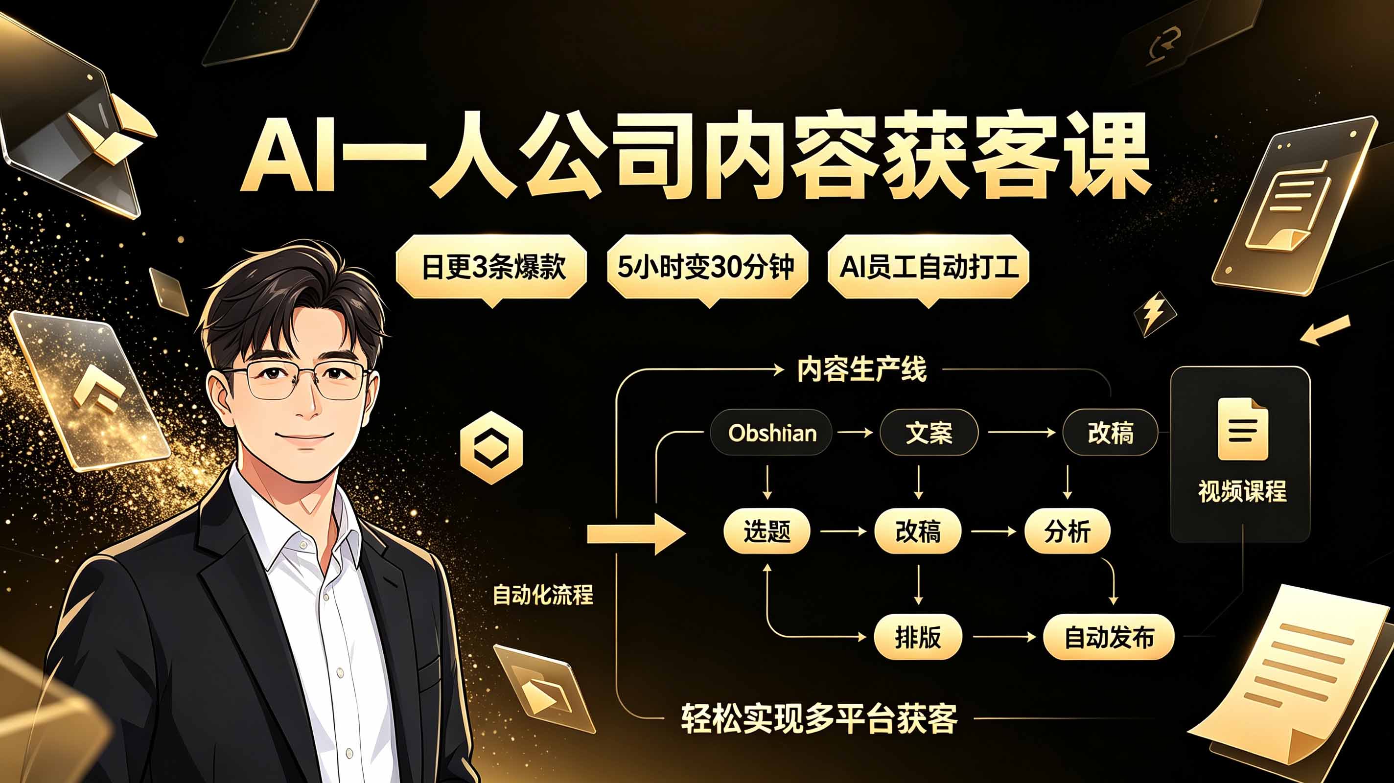 AI一人公司内容获客课：日更3条爆款×5小时变30分钟×AI员工自动打工，轻松实现多平台获客插图