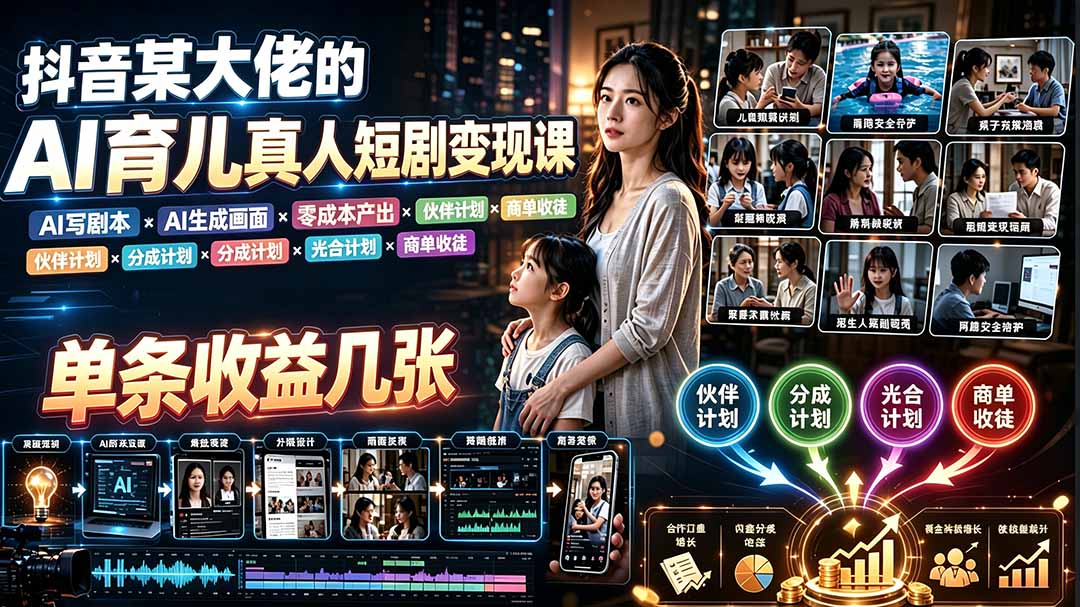 AI育儿真人短剧变现课：AI写剧本×AI生成画面×零成本产出×伙伴计划×分成计划×光合计划×商单收徒插图