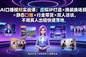 AI口播视频实战课：虚拟IP打造×换装换场景×静态口播×行走带货×双人访谈，不用真人出镜快速落地