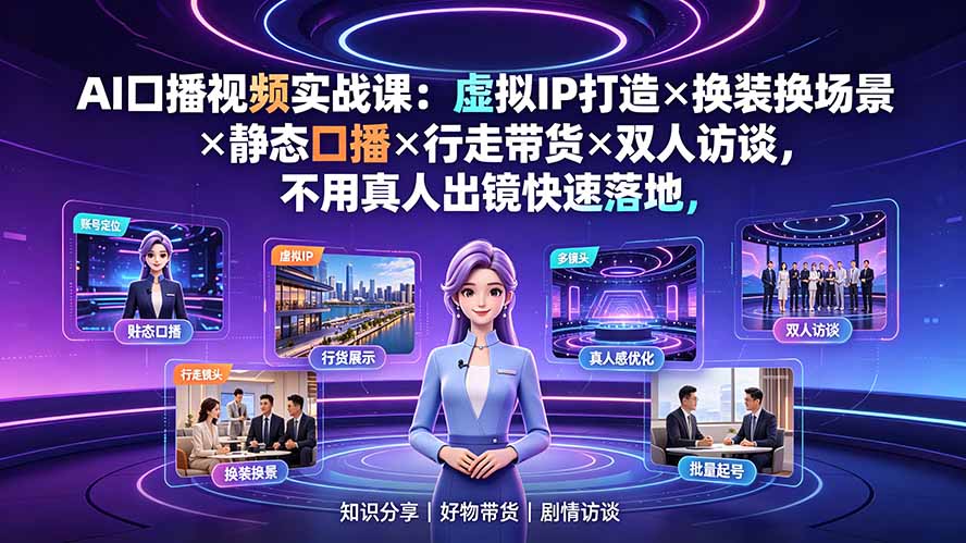 AI口播视频实战课：虚拟IP打造×换装换场景×静态口播×行走带货×双人访谈，不用真人出镜快速落地插图