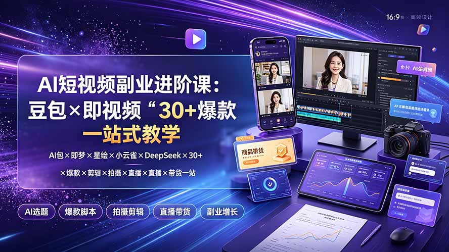 AI短视频副业进阶课：豆包×即梦×星绘×小云雀×DeepSeek×30+爆款×剪辑×拍摄×直播×带货一站式教学插图1