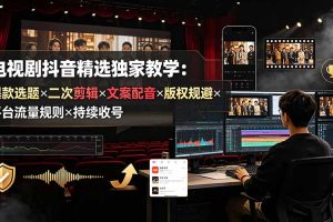 电视剧抖音精选独家教学：爆款选题×二次剪辑×文案配音×版权规避×平台流量规则×持续收益账号