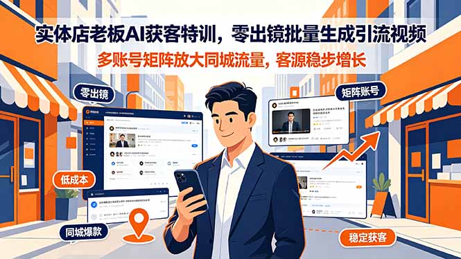 实体店老板AI获客特训，零出镜批量生成引流视频，多账号矩阵放大同城流量，客源稳步增长插图