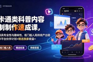 卡通类科普内容制作速成课，兼具专业性与趣味性，低门槛入局持续产出稳拿平台伙伴计划+精选独家收益