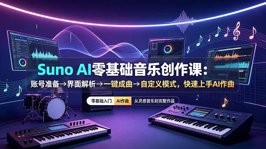 Suno AI零基础音乐创作课：账号准备→界面解析→一键成曲→自定义模式，快速上手AI作曲插图