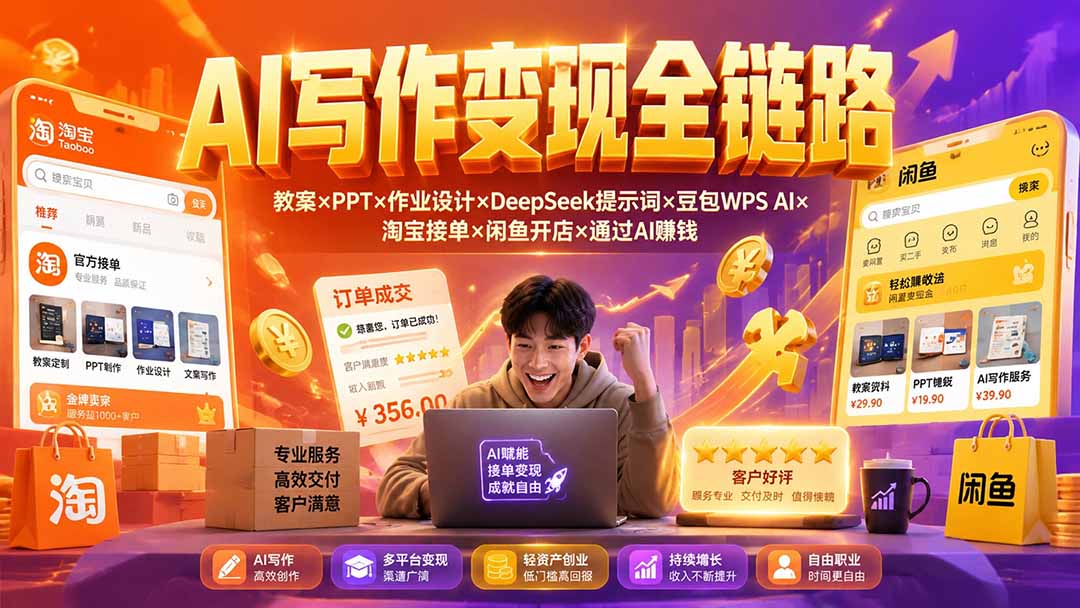 2026AI写作变现全链路：教案×PPT×作业设计×DeepSeek提示词×豆包WPS AI×淘宝接单×闲鱼开店×通过AI賺钱插图